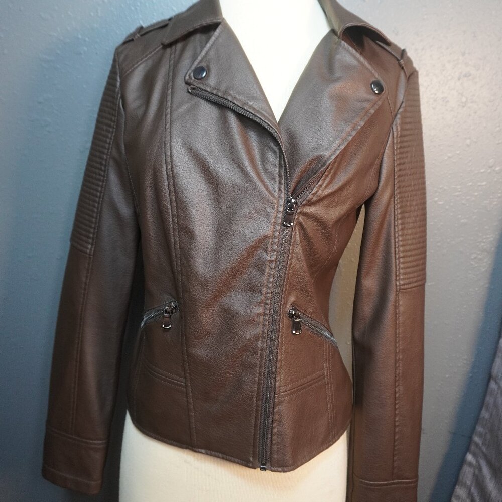 Celebrity Pink Juniors Womens Brown Faux Leather Moto Jacket Size Small - Picture 2 of 8